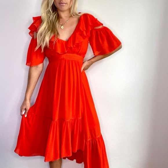 Three Floor Orange Red Ruffle Dress - Picture 4 of 10